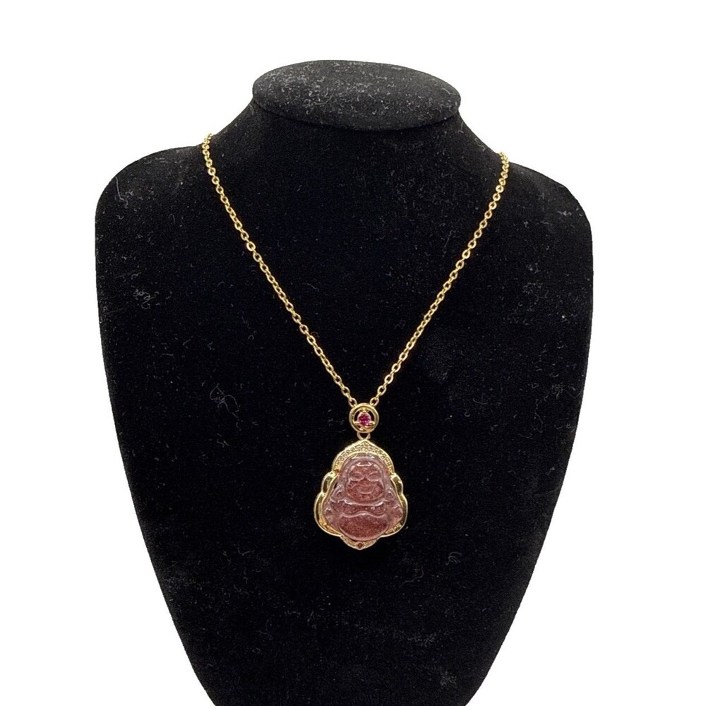 Cherry Quartz Buddha Necklace SJ Pearl Gold Plated Pendant 20 Inch